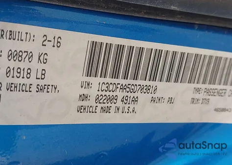 2016 Dodge Dart Se z USA, uszkodzony, nr VIN 1C3CDFAA5GD703810